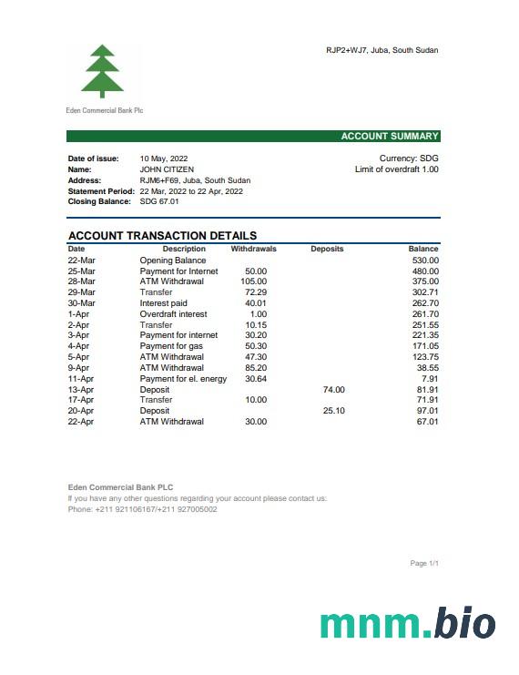 Sudan Południowy Ecobank szablon w formacie excel pdf